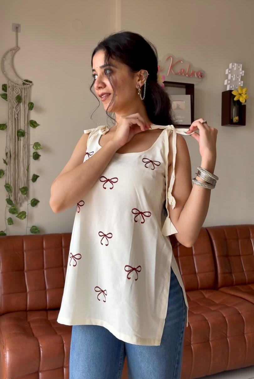 Chandani 2.0 Bow embroidered Rayon Kurti - Image 2