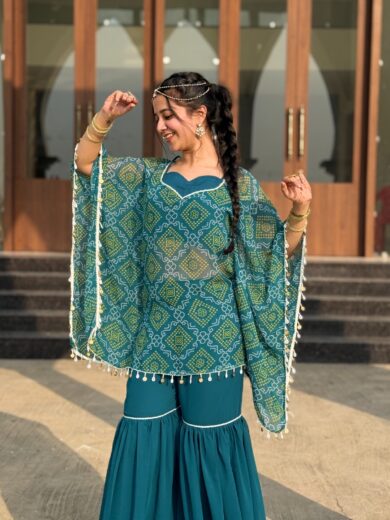 “Aafreen” Green Bandhej 3-piece Kaftan Sharara Set
